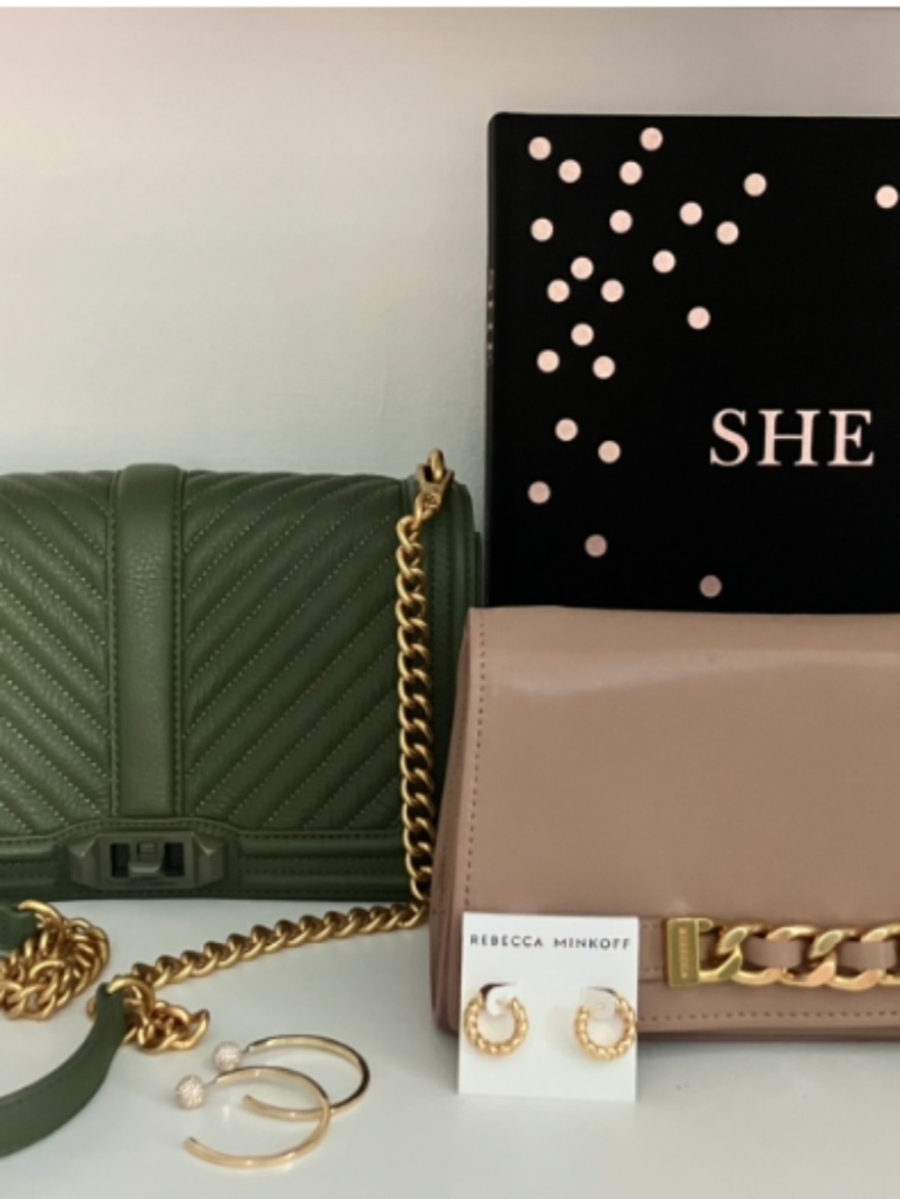 Rebecca Minkoff Green Chevron Love and Tan Gold Chainlink Crossbody Bag Bundle
